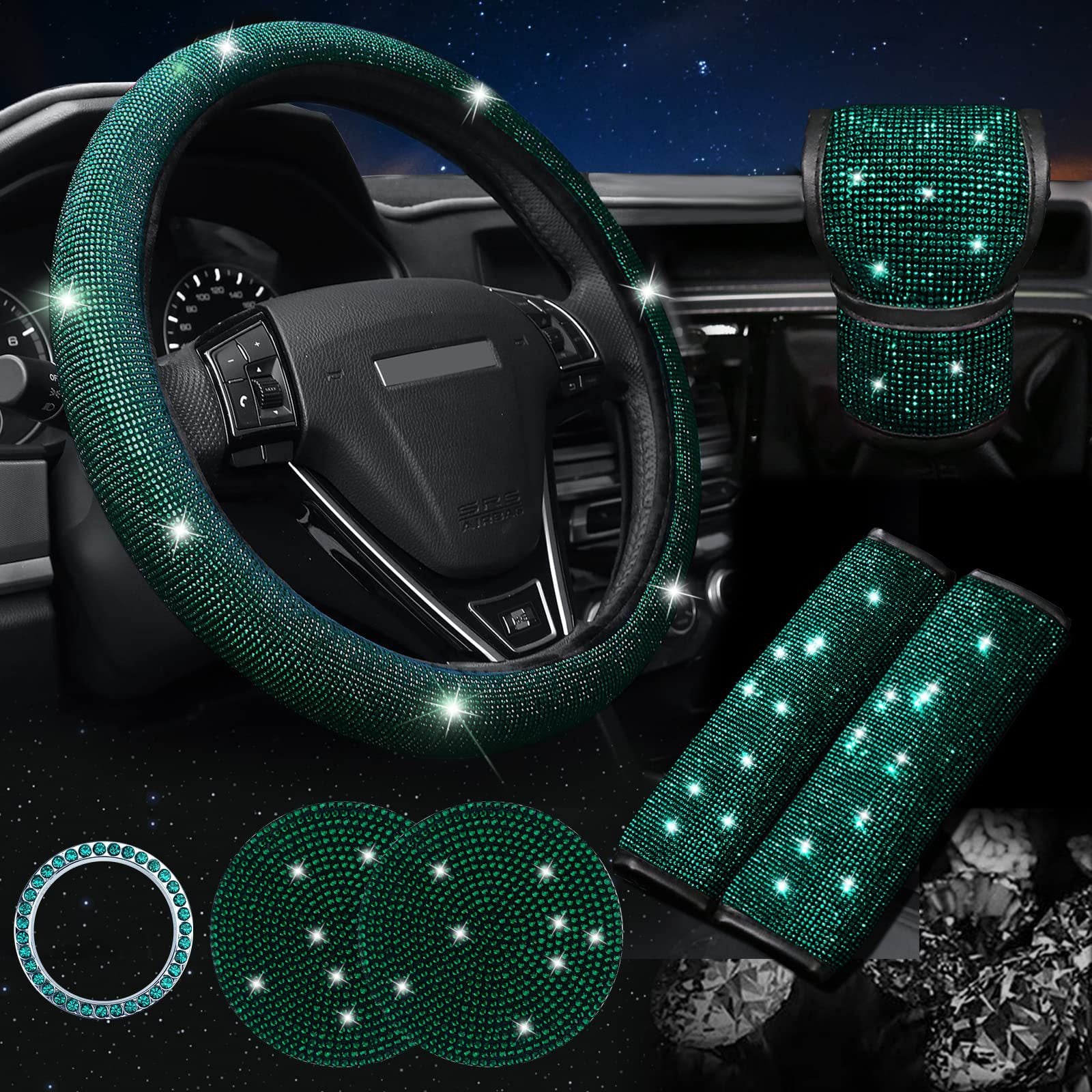 Green 7-Piece Car Interior Decoration Set – Crystal Rhinestone Steering Wheel Cover, Gear Shift Cover, Seat Belt Pads, Cup Coasters & Ignition Switch Cover