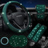 Green 7-Piece Car Interior Decoration Set – Crystal Rhinestone Steering Wheel Cover, Gear Shift Cover, Seat Belt Pads, Cup Coasters & Ignition Switch Cover