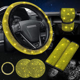 Yellow 7-Piece Car Interior Decoration Set – Crystal Rhinestone Steering Wheel Cover, Gear Shift Cover, Seat Belt Pads, Cup Coasters & Ignition Switch Cover
