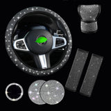 White 7-Piece Car Interior Decoration Set – Crystal Rhinestone Steering Wheel Cover, Gear Shift Cover, Seat Belt Pads, Cup Coasters & Ignition Switch Cover