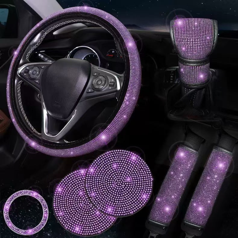 Deep purple 7-Piece Car Interior Decoration Set – Crystal Rhinestone Steering Wheel Cover, Gear Shift Cover, Seat Belt Pads, Cup Coasters & Ignition Switch Cover