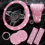 All pink 7-Piece Car Interior Decoration Set – Crystal Rhinestone Steering Wheel Cover, Gear Shift Cover, Seat Belt Pads, Cup Coasters & Ignition Switch Cover