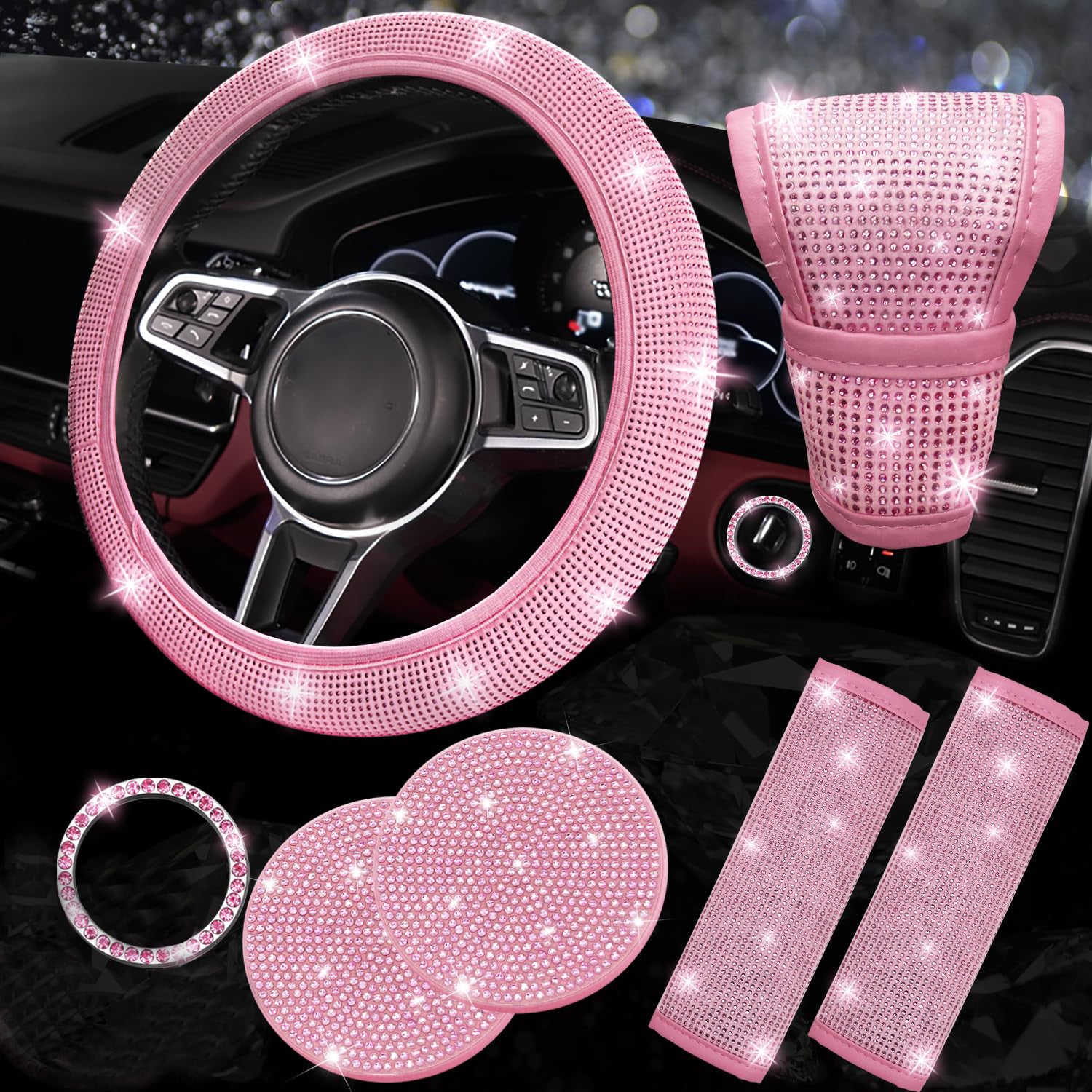 All pink 7-Piece Car Interior Decoration Set – Crystal Rhinestone Steering Wheel Cover, Gear Shift Cover, Seat Belt Pads, Cup Coasters & Ignition Switch Cover