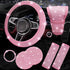 All pink 7-Piece Car Interior Decoration Set – Crystal Rhinestone Steering Wheel Cover, Gear Shift Cover, Seat Belt Pads, Cup Coasters & Ignition Switch Cover