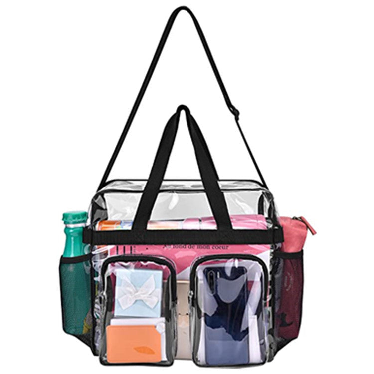 Black Clear Multi-Pocket Tote Bag – Waterproof & Organized Carryall with Front Zipper Pockets and Adjustable Strap