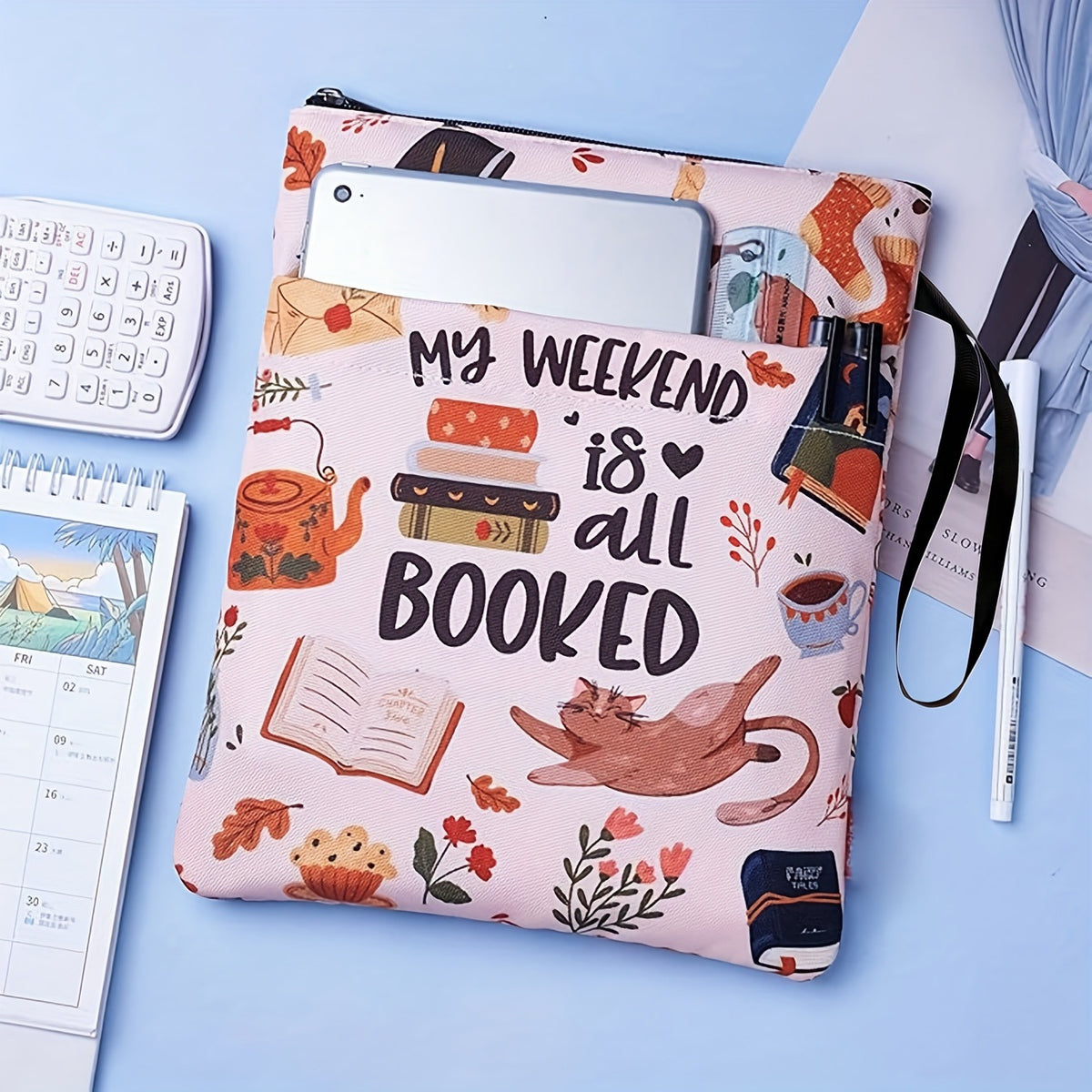 Cat Teacup Zippered Book Sleeve with Printed Design – Waterproof Protective Cover for Books, Ideal for Readers and Students with Extra Pocket & Carry Strap
