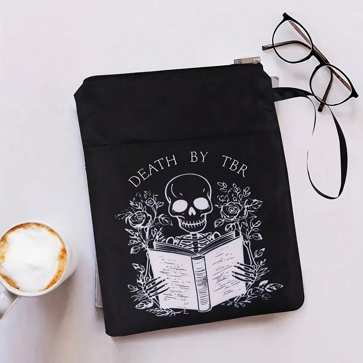 Black skull Zippered Book Sleeve with Printed Design – Waterproof Protective Cover for Books, Ideal for Readers and Students with Extra Pocket & Carry Strap