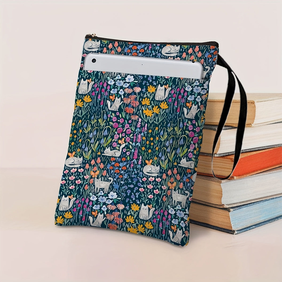 Cat Flowers Zippered Book Sleeve with Printed Design – Waterproof Protective Cover for Books, Ideal for Readers and Students with Extra Pocket & Carry Strap