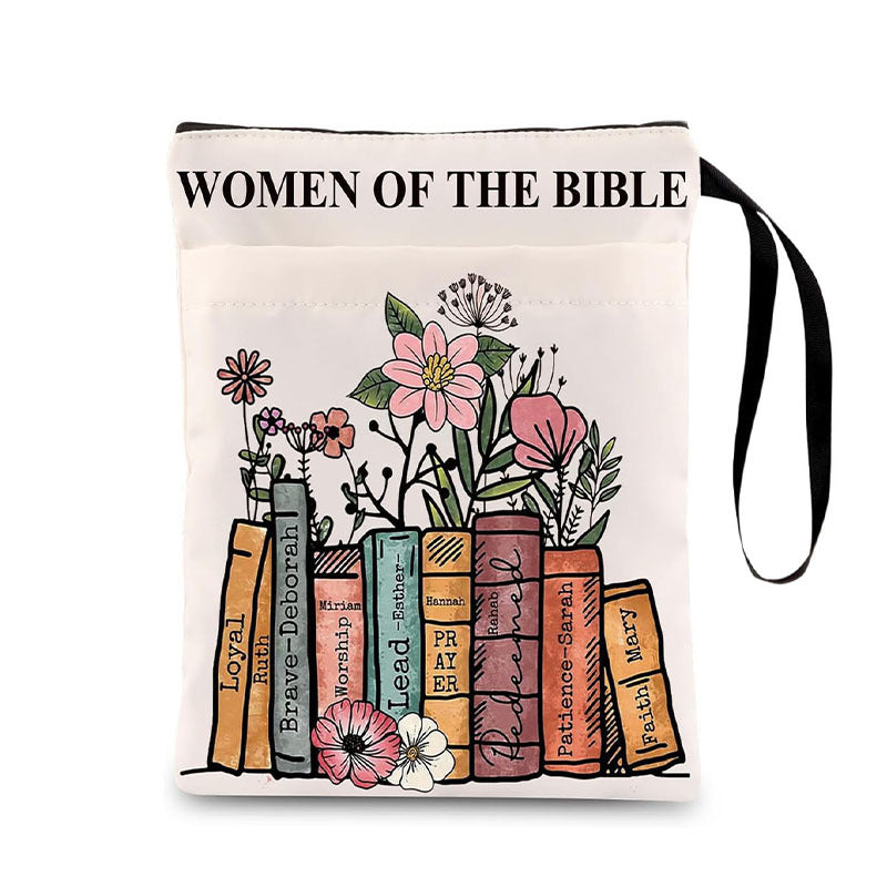 WOMEN OF THEBIBLE Zippered Book Sleeve with Printed Design – Waterproof Protective Cover for Books, Ideal for Readers and Students with Extra Pocket & Carry Strap