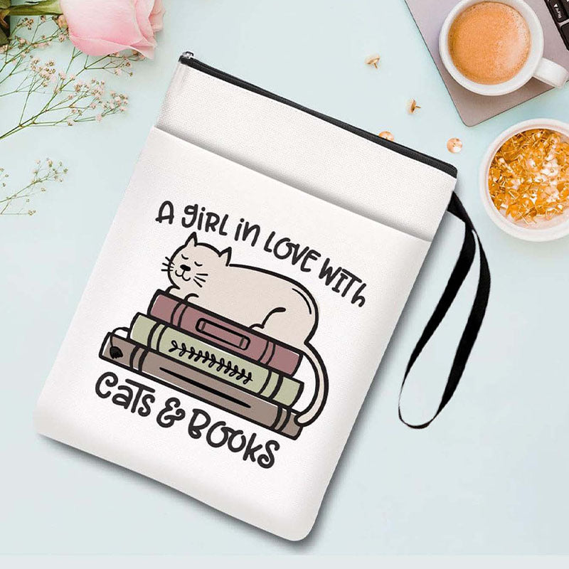 Cats books Zippered Book Sleeve with Printed Design – Waterproof Protective Cover for Books, Ideal for Readers and Students with Extra Pocket & Carry Strap
