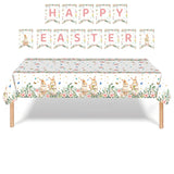 Easter Party Decoration Set – Floral Bunny Tablecloth 137x274cm + Happy Easter Banner, Spring-Themed Decor for Festive Gatherings