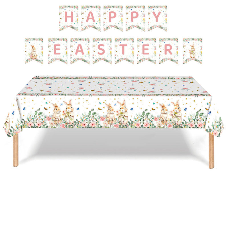 Easter Party Decoration Set – Floral Bunny Tablecloth 137x274cm + Happy Easter Banner, Spring-Themed Decor for Festive Gatherings
