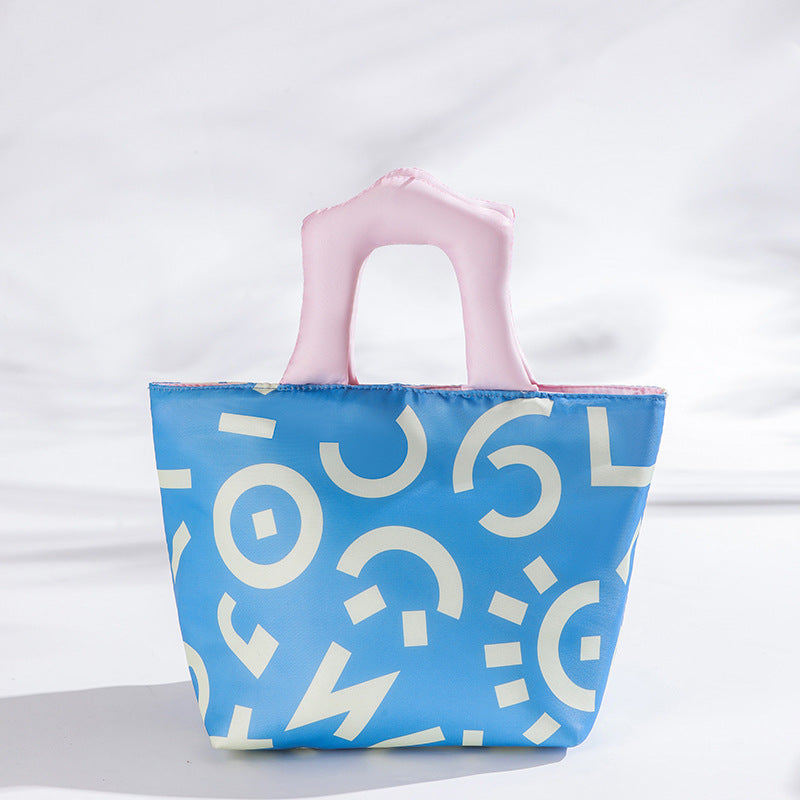 Blue and pink handbag Insulated Lunch Bag – Multi-Color Printed Tote with Padded Handle for Students & Office Workers