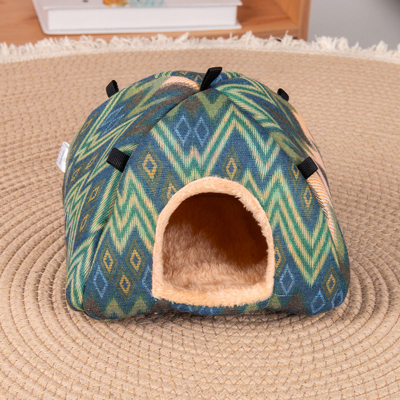 Ethnic-style canvas design Soft Shelter for Small Mammals – Hanging & Floor Use, Waterproof Surface, Easy Clean(Size: S)