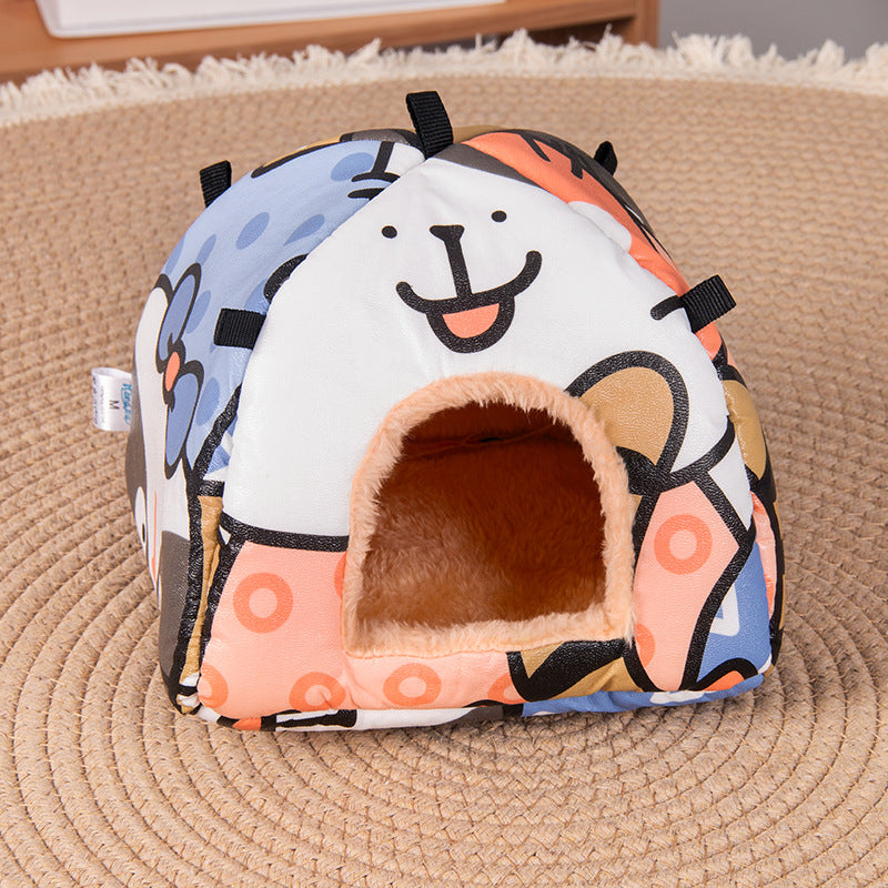 Cartoon cat Soft Shelter for Small Mammals – Hanging & Floor Use, Waterproof Surface, Easy Clean(Size: M)