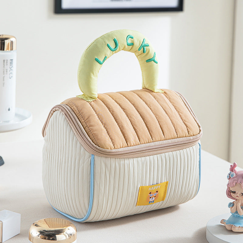 Coffee color and yellow Large Capacity Cosmetic Bag – Quilted Design with Dual-Zipper and Soft Handle for Travel & Daily Use