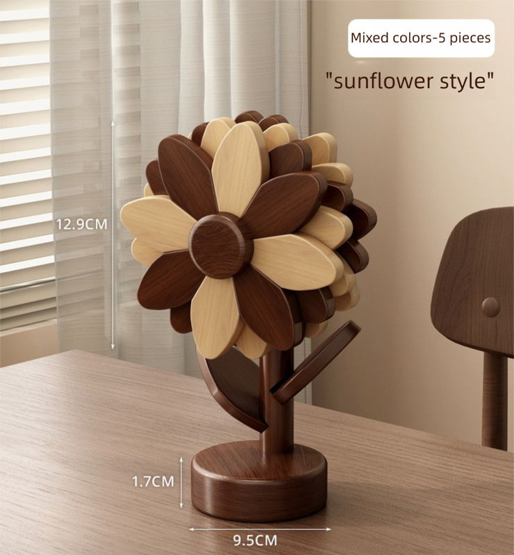5-Piece Floral-Shaped Trivet Set with Stand – Wooden Heat Resistant Pad for Table, Dish, Pot or Cup(Walnut and beech two-tone)