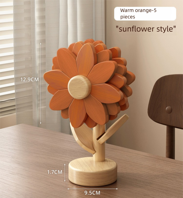 5-Piece Floral-Shaped Trivet Set with Stand – Wooden Heat Resistant Pad for Table, Dish, Pot or Cup(Warm orange color)
