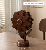 5-Piece Floral-Shaped Trivet Set with Stand – Wooden Heat Resistant Pad for Table, Dish, Pot or Cup(Walnut solid colour)