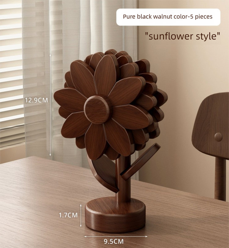 5-Piece Floral-Shaped Trivet Set with Stand – Wooden Heat Resistant Pad for Table, Dish, Pot or Cup(Walnut solid colour)