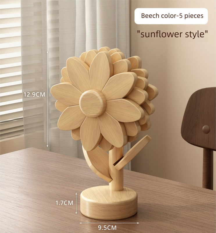 5-Piece Floral-Shaped Trivet Set with Stand – Wooden Heat Resistant Pad for Table, Dish, Pot or Cup(Solid beech)