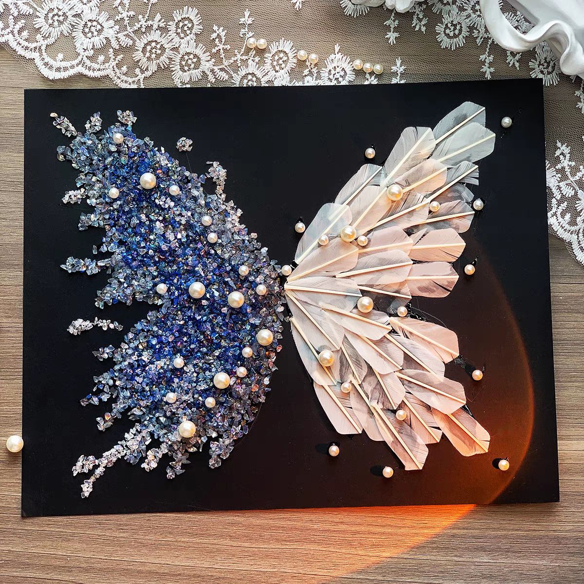 Crystal Feather Butterfly DIY Craft Kit – Handmade Art Material Set with Natural Feathers, Beads and Frame for Home Decoration or Gift Making