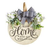 Rustic Wooden Door Hanger – "Bless This Home and All Who Enter" Round Sign with Artificial Flowers & Striped Bow for Front Door, Porch, or Entryway Decor