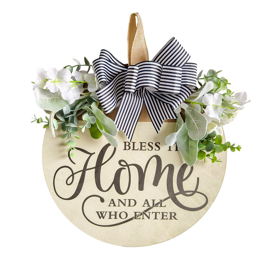 Rustic Wooden Door Hanger – "Bless This Home and All Who Enter" Round Sign with Artificial Flowers & Striped Bow for Front Door, Porch, or Entryway Decor