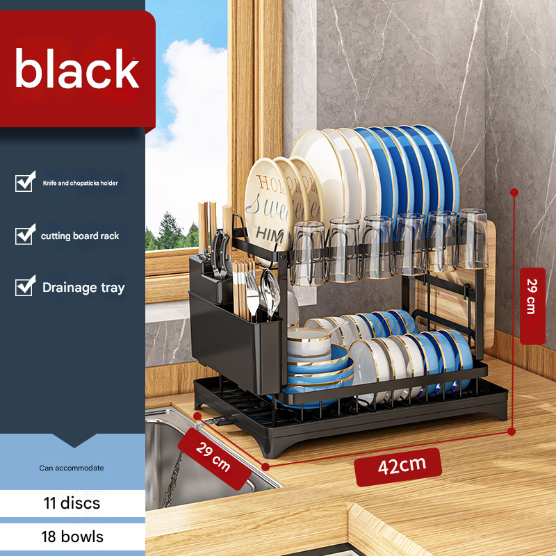 Black Foldable Dish Rack with Drain Tray, Knife & Chopstick Holder, Cup Rack, and Cutting Board Support – 42cm x 29cm x 29cm, Easy-Install Kitchen Storage Organizer for Plates, Bowls, Glasses, and Utensils