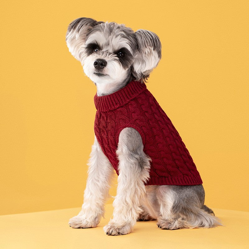 Red Fall & Winter Pet Knit Sweater – Solid Color Cable Knit Turtleneck for Small Dogs, Soft Breathable Warm Clothing with 3D Fit Design, Ideal for Teddy, Poodle, and Bichon(Size: S)