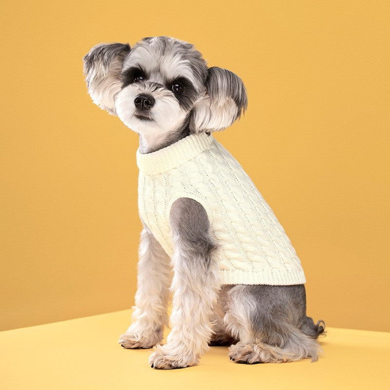 White Fall & Winter Pet Knit Sweater – Solid Color Cable Knit Turtleneck for Small Dogs, Soft Breathable Warm Clothing with 3D Fit Design, Ideal for Teddy, Poodle, and Bichon(Size: M)