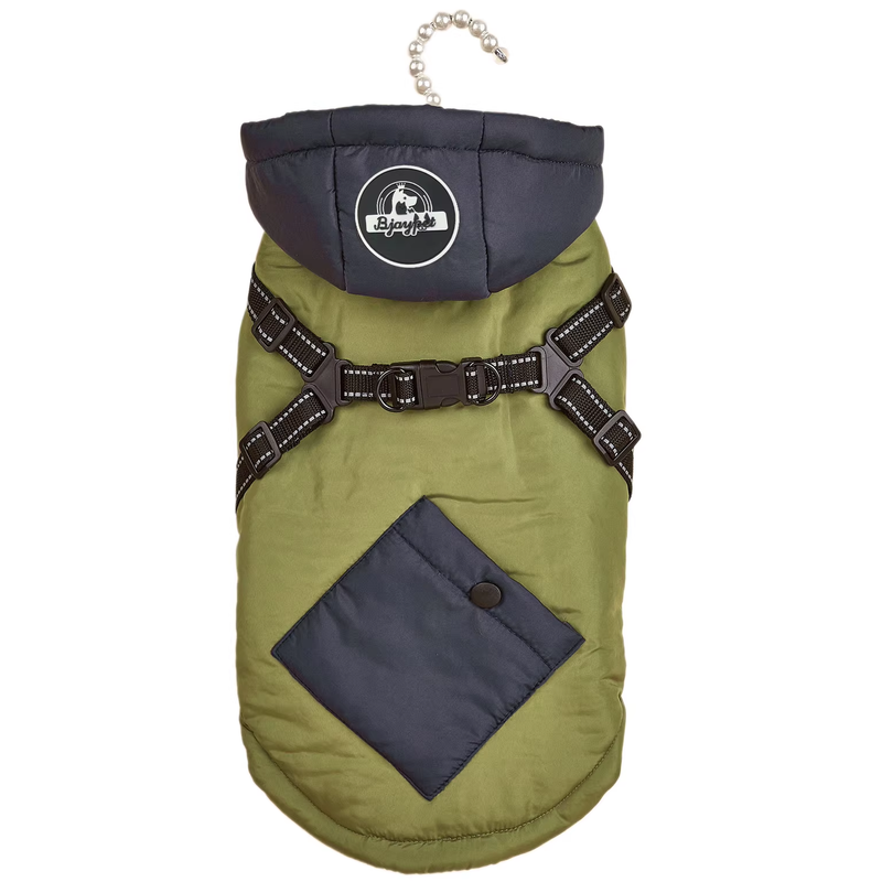 Green Thickened Winter Dog Coat with Reflective Strips – Waterproof, Windproof Pet Jacket for Small to Medium Dogs, Adjustable Fit with Detachable Leash Hook and Decorative Velcro Patch(Size: M)