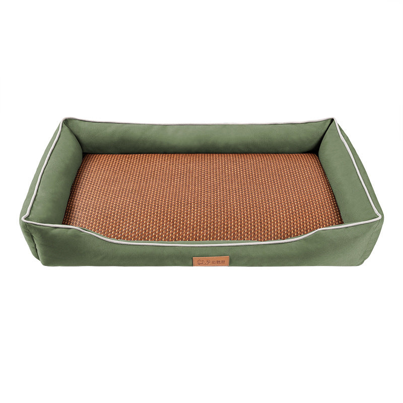 Green Rectangular Pet Bed with Removable Cooling Mat – Durable 600D Oxford Fabric Dog & Cat Bed, High-Rebound PP Cotton Filling, Non-Slip Base, for Medium to Large Breeds, Includes Free Cooling Pad(Size:S)