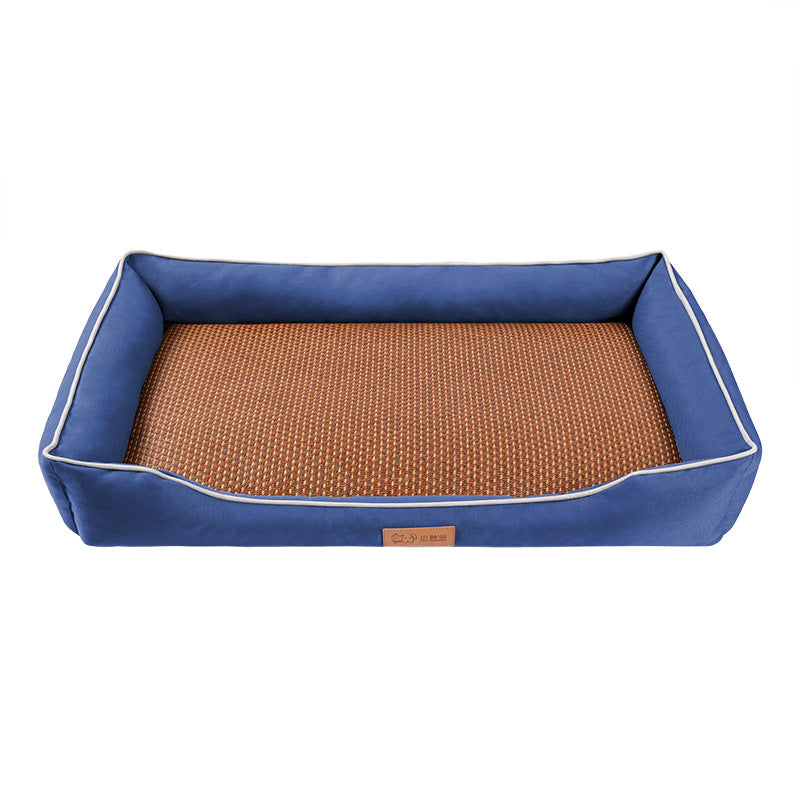 Blue Rectangular Pet Bed with Removable Cooling Mat – Durable 600D Oxford Fabric Dog & Cat Bed, High-Rebound PP Cotton Filling, Non-Slip Base, for Medium to Large Breeds, Includes Free Cooling Pad(Size:S)