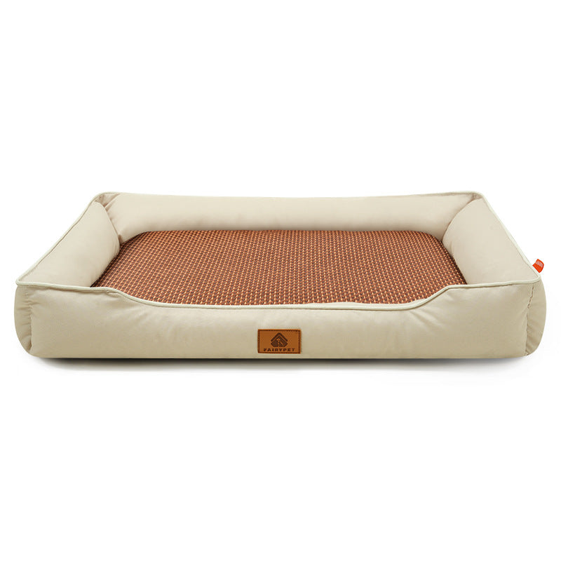 Khaki Rectangular Pet Bed with Removable Cooling Mat – Durable 600D Oxford Fabric Dog & Cat Bed, High-Rebound PP Cotton Filling, Non-Slip Base, for Medium to Large Breeds, Includes Free Cooling Pad(Size:S)