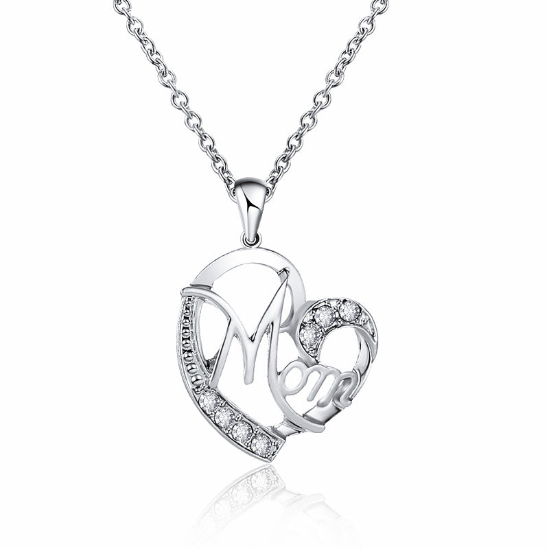 Silver MOM heart pendant necklace with rhinestones on an adjustable chain.