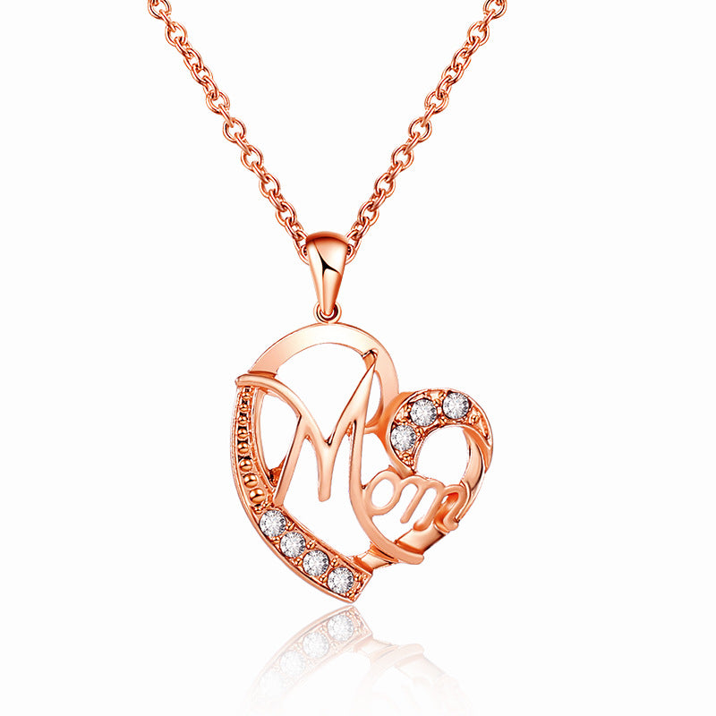 Rose gold MOM heart pendant necklace with rhinestones.