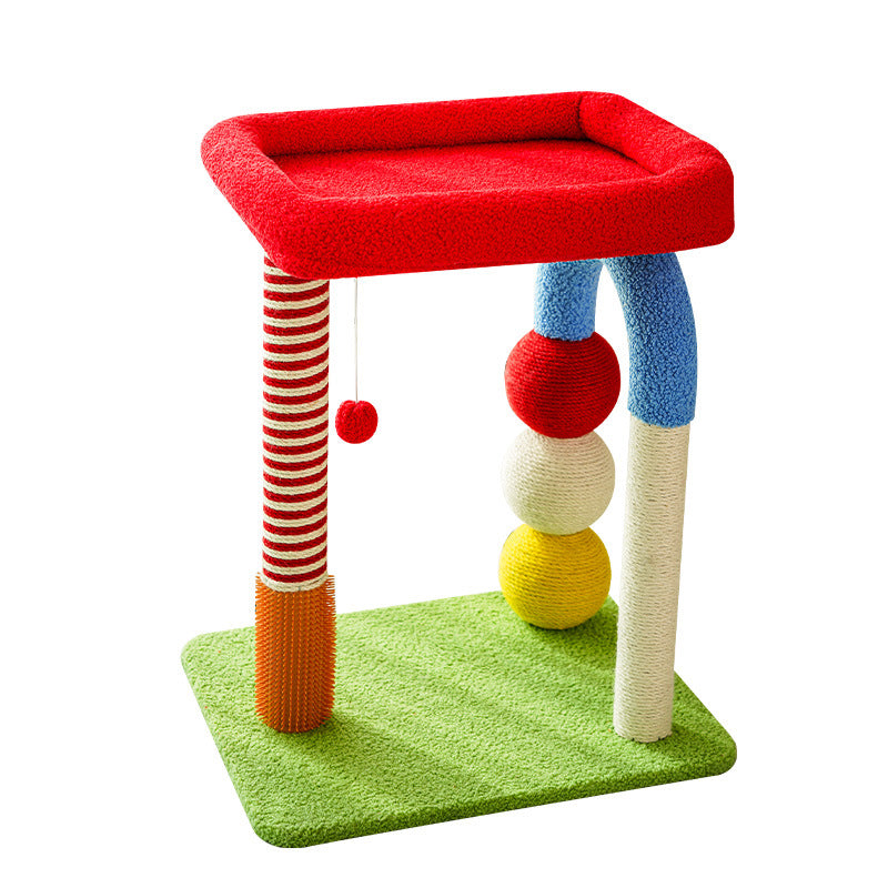 U-shaped cat tree with red perch, sisal post, and hanging ball toy.