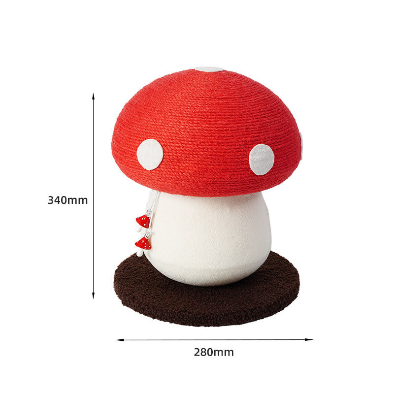 Red mushroom cat tree with sisal post and hanging toys.