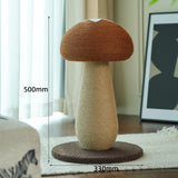 Brown mushroom cat tree with sisal scratching post and hanging toys.