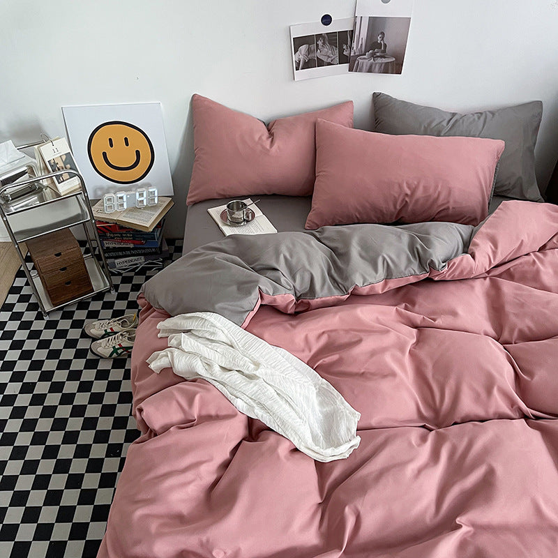 Light grey and pink Washed Cotton Bedding Set - Solid Color Fitted Sheet Style, 4-Piece Set for 1.5m Bed, Includes 10 Random Color Quilt Fasteners(1.5m)