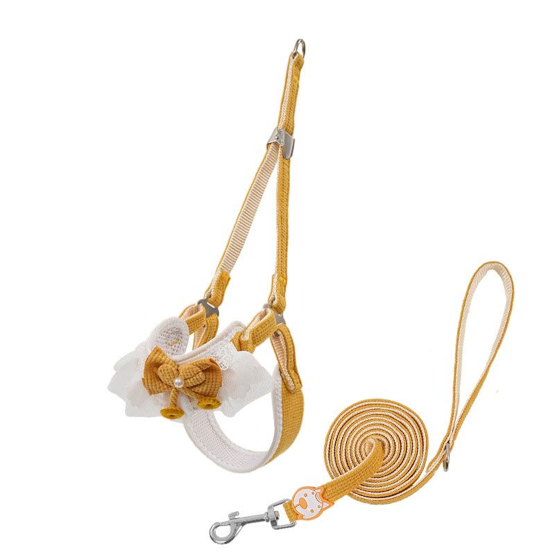 Orange-yellow Lace Y-Shaped Pet Harness and Leash Set - Breathable Mesh Vest for Small to Medium Dogs and Cats - Comfortable Walking Gear with 150cm Leash(Size:S)