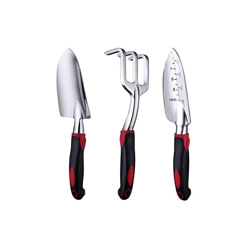 3-Piece Red Gardening Tool Set - Heavy Duty Aluminum Alloy with Bonus Claw Gardening Gloves - Rust Resistant Hand Trowel, Cultivator and Transplanter for Planting, Digging and Weeding