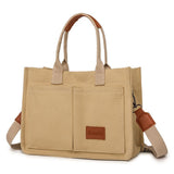 Khaki Large Canvas Tote Bag for Women - Multi-Pocket Utility Organiser with Wide Adjustable Shoulder Strap - Trendy Crossbody and Handheld Bag for Work, Shopping and Travel - Daily Comfort Solution