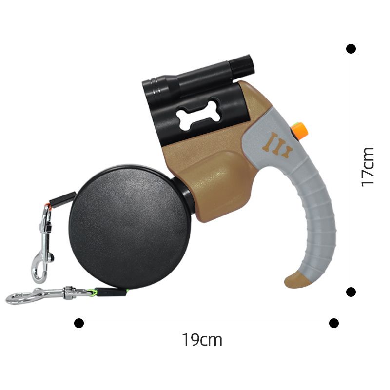 Brown Dual Retractable Dog Leash - Tangle-Free 360 Degree Rotation - Built-in LED Flashlight, Individual Brake and Lock System for Two Dogs, Safety for Night Walking and Outdoor Training