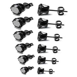 6-Pair Black Stainless Steel Stud Earring Set - Classic 6-Prong Crown Setting with Sparkling Round Cubic Zirconia in Multiple Sizes - Durable Skin-Friendly Jewelry for Daily Wear and Stacking