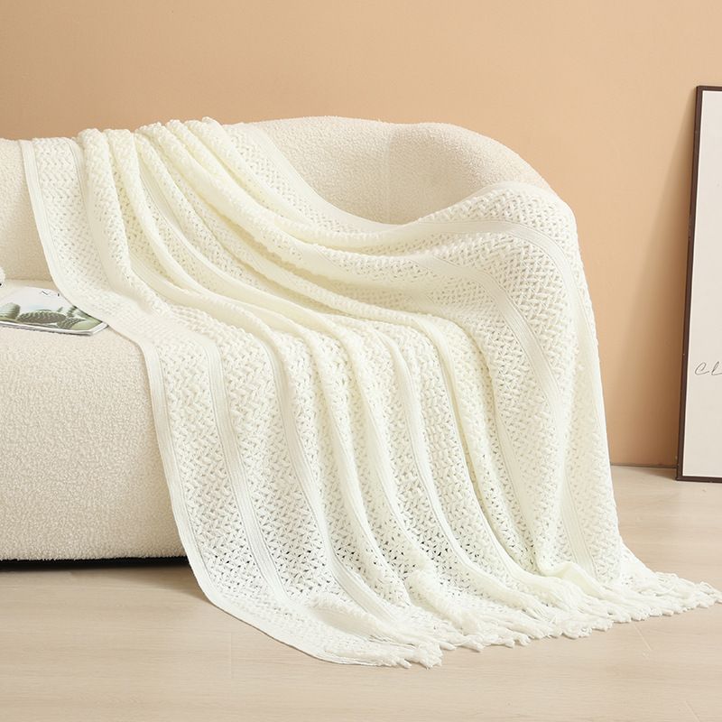 White Elegant Openwork Knitted Throw Blanket with Tassels - 127x180cm Large Decorative Soft Sofa Blanket for Living Room & Bedroom - Breathable Cozy Cover for Travel & Office Nap