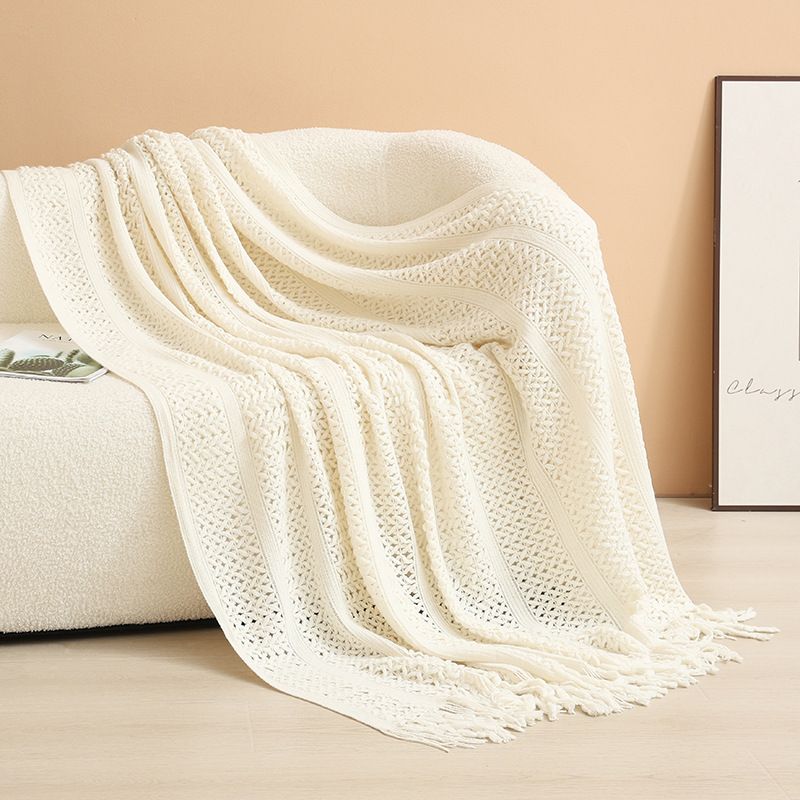 Beige Elegant Openwork Knitted Throw Blanket with Tassels - 127x180cm Large Decorative Soft Sofa Blanket for Living Room & Bedroom - Breathable Cozy Cover for Travel & Office Nap