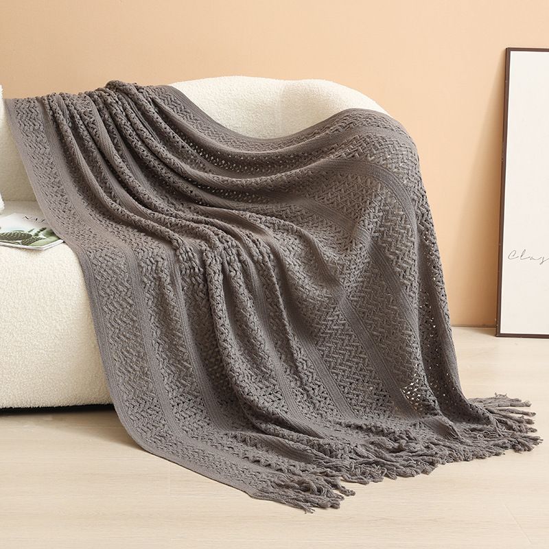 Dark grey Elegant Openwork Knitted Throw Blanket with Tassels - 127x180cm Large Decorative Soft Sofa Blanket for Living Room & Bedroom - Breathable Cozy Cover for Travel & Office Nap