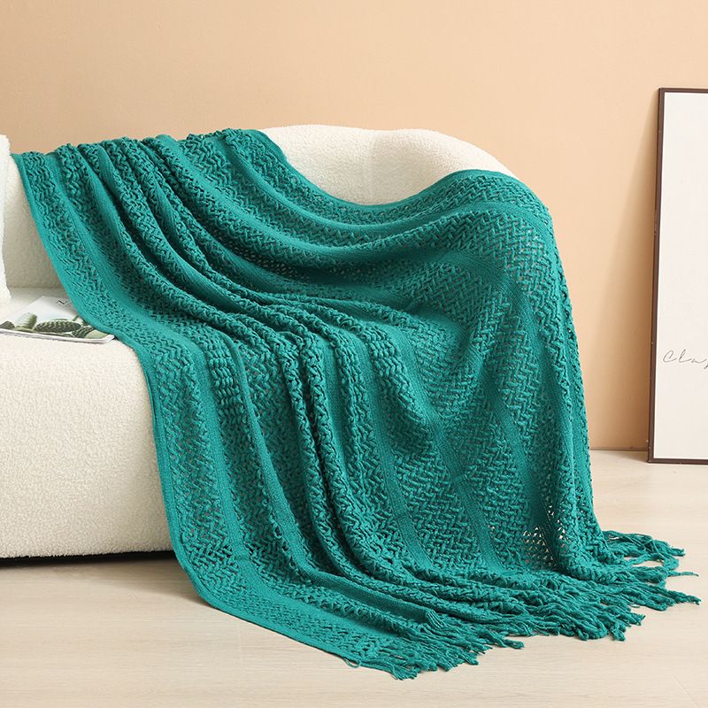 Dark green Elegant Openwork Knitted Throw Blanket with Tassels - 127x180cm Large Decorative Soft Sofa Blanket for Living Room & Bedroom - Breathable Cozy Cover for Travel & Office Nap